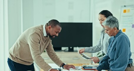 Canvas Print - Business people, documents and meeting on table for interior design or planning at office. Group of employees with paperwork in teamwork, collaboration or project tasks on desk for ideas at workplace