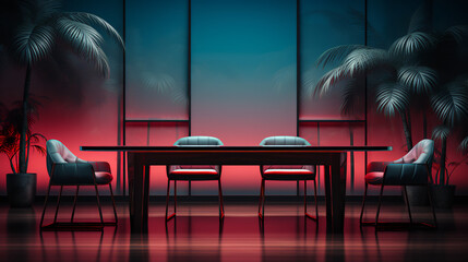 Wall Mural - Dining room table - tropical theme - rectangular - palm trees - red lighting 