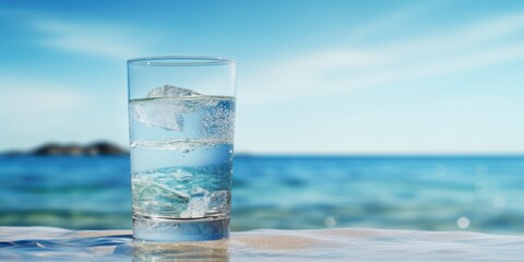 Wall Mural - A glass of refreshing water in the beach, realistic, 4K copy space 