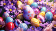 Colorful easter eggs with flowers background. Celebration of religious holidays and Happy Easter background concept.
