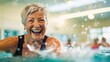 Experience the exuberance of active senior women enjoying an aqua fit class in a pool, showcasing joy and camaraderie, and embracing a healthy, retired lifestyle.