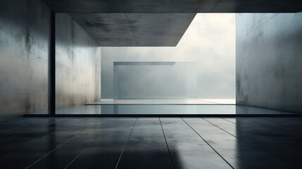 Futuristic minimalistic interior with concrete and glass. Generative AI