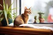 abyssinian cat on a cushioned bay window seat