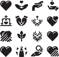 Wall Mural - Black silhouette heart flat icon set isolated on white for Health care, wedding, Valentine day card.