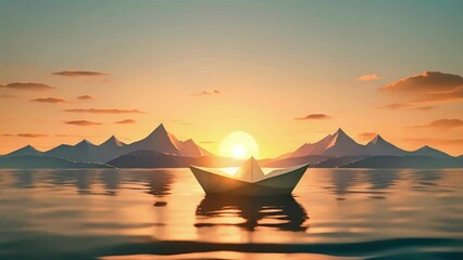 Wall Mural - Serene animation of a paper boat floating on a calm ocean, highlighted by a sun setting behind a mountain silhouette.