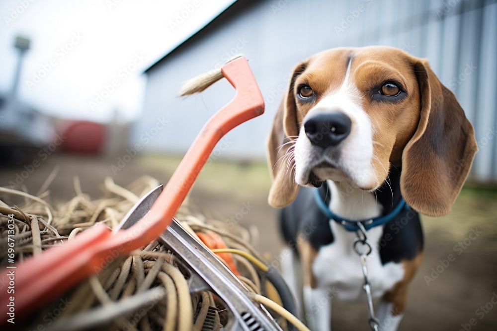 beagle sniffing around farm tools and equipment Stock Photo | Adobe Stock