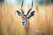 solo impala with spiral horns amid tall grass