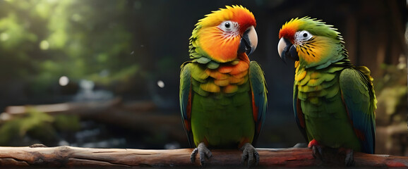 Portrait of Close Up 2 Parrot, living in the jungle zoo near river, it is dark outside