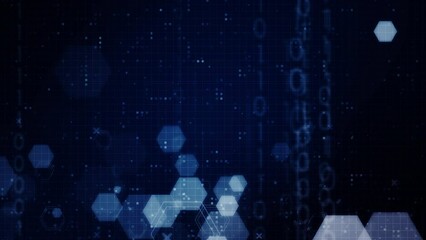 hexagon shape with abstract geometric moving motion particles data binary code for technology futuristic background design. Clean hexagonal digital element pattern with empty space animation video.