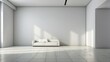 Empty room with white walls, white couch and light shadow from the window, front view. Modern minimalist background for product presentation or display