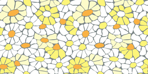 Wall Mural - Seamless pattern with abstract chamomile flowers. Summer daisies with white petals. Vector graphics.