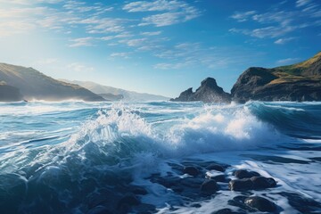 Wall Mural - beautiful beach with sea waves, An image of a calm ocean with waves gently crashing on the shore, AI Generated