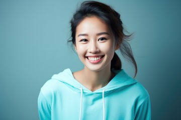 Poster - Portrait of a beautiful smiling asian woman in blue hoodie, Asian woman florist creating wedding bouquet in flower shop, AI Generated