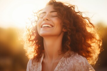 Poster - Portrait of a beautiful young woman with long curly hair in a sunset light, Backlit Portrait of calm happy smiling free woman with closed eyes enjoys a beautiful moment, AI Generated