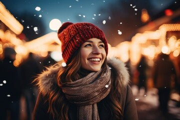 Poster - Portrait of a beautiful young woman in a red hat and scarf on the background of Christmas market, Beautiful girl having wonderful time on traditional Christmas market on winter evening, AI Generated