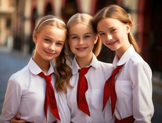 Wall Mural - Three young girls in school uniforms posing for a photo. Generative AI.