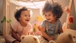 © Natalia - Two little girls sitting on the floor with bears. Generative AI.
