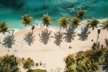 Wall Mural - Aerial view of beautiful tropical beach and sea with coconut palm tree, Beach with palm trees on the shore in the style of birds eye view, AI Generated