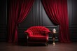 Red velvet curtains and armchair in classic interior. 3d render, Beautiful luxury classic velvet red clean interior room in classic style with velvet red soft armchair, AI Generated