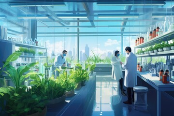 Poster - Group of scientists working in laboratory. Research and development concept. Double exposure, Biotechnology laboratory with scientists in lab coats conducting experiments, AI Generated