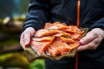 Poster - Sliced smoked salmon in the hands of a man. Selective focus, bundle of cold smoked salmon held in hand, AI Generated