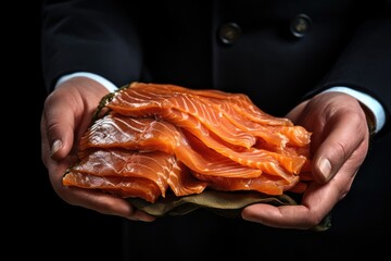 Poster - Salmon fillet in the hands of a cook on a black background, bundle of cold smoked salmon held in hand, AI Generated