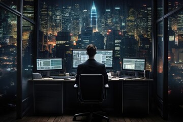 Wall Mural - Rear view of businessman looking at night city and using desktop computer, Back view of a businessman engaged in computer work within a dark office, Mixed media, AI Generated