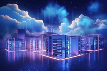 Wall Mural - Server room with glowing neon lights in the night sky. Concept of cloud computing. Vector illustration, Backup cloud data service center in 3D rendering, AI Generated