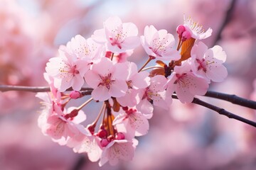 Poster - cherry blossom in spring time, pink sakura flowers, Cherry blossom sakura in springtime, shallow depth of field, AI Generated