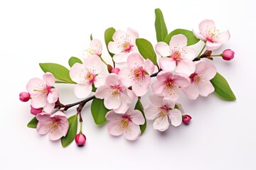 Poster - Beautiful cherry blossom branch on white background, close-up, Cherry blossom with green leaves isolated on a white background, AI Generated