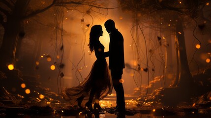 Wall Mural - Two couple glowing silhouette with gold confetti, in the style of long exposure,