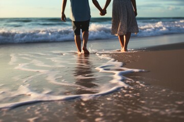 Wall Mural - Couple holding hands walking on beach, waves touching their feet, romantic summer concept.