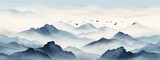 Fototapeta  - beautiful dark blue mountain landscape with fog and forest and flock of birds. Sunrise or sunset in mountains.