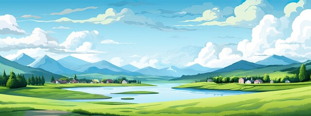 Wall Mural - Spring landscape of large mountains, beautiful meadows with lake