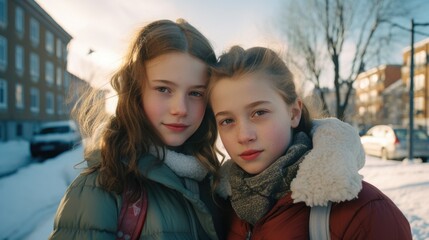 Wall Mural - Two young girls standing next to each other in the snow. Perfect for winter-themed projects or family outings in the snow