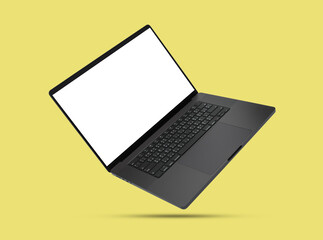 Wall Mural - Laptop or notebook space black with blank screen isolated with clipping path on yellow background.