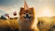 A dog is pictured wearing a party hat in a field. Perfect for birthday celebrations or pet-themed events