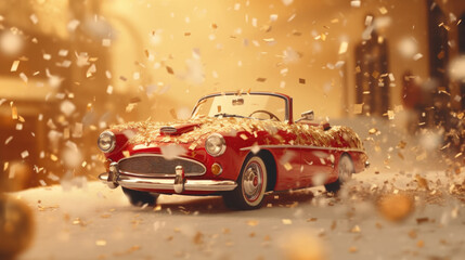 Wall Mural - A red car completely covered in shimmering gold confetti. Perfect for celebrations and special occasions