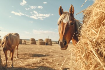 Poster - A brown horse stands next to a pile of hay. Ideal for farm or equestrian-related projects