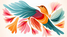 Bird Minimalist Illustration In Floral Style. Animal Surrounded By Vivid Flowers On A White Background.