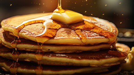 Wall Mural - Stack of pancakes with syrup being poured on top. Perfect for breakfast or brunch