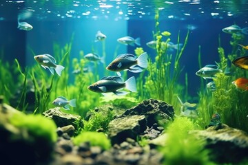 Wall Mural - A fish tank filled with a diverse range of fish. Perfect for aquarium enthusiasts or educational purposes