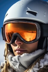 Poster - A woman wearing a helmet and goggles in the snow. Perfect for winter sports and outdoor activities