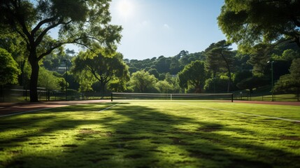 Sticker - Tennis Court: A picture capturing an empty tennis court with neatly maintained lines and a net waiting for players.