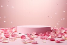 Pink Product Podium Placement On Solid Background With Rose Petals Falling. Luxury Premium Beauty, Fashion, Cosmetic And Spa Gift Stand Presentation. Valentine Day Present Showcase. Generative Ai.