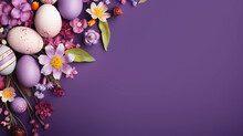 Lots Of Flowers And Colorful Easter Eggs On A Purple Background With Copy Space 