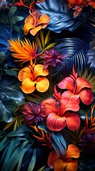 Wall Mural - Lush palm leaves. Exotic flowers and abstract fruits in a tropical color palette