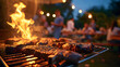Barbecue party with people in the background, grilled steak, grilled meat, fire, summer party, barbecue in the garden, people having fun, family and friends, bbq