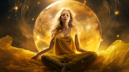 Wall Mural - a woman in a yellow dress in a lotus position, immersed in a meditative state, surrounded by a majestic golden glow, symbolizing her connection with cosmic energy and universal consciousness