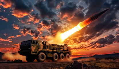 Wall Mural - a ballistic nuclear missile takes off from a platform on wheels